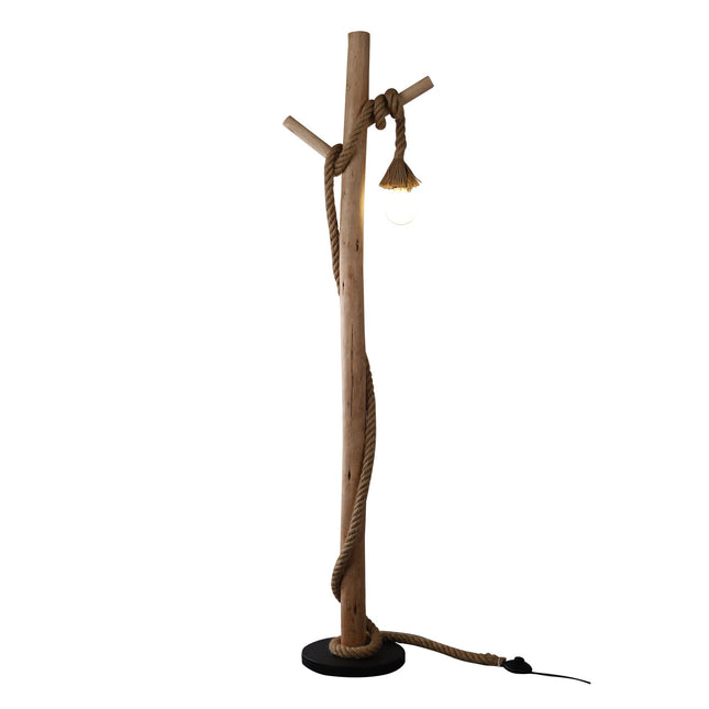 Lea Floor Lamp with Natural Timber and Black Metal Base.