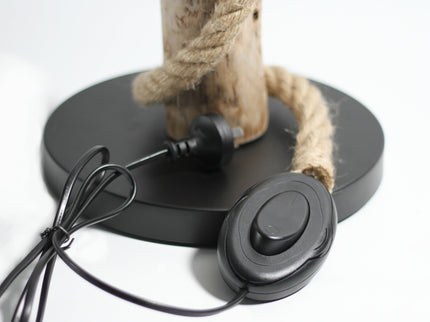 Lea Floor Lamp with Natural Timber and Black Metal Base.