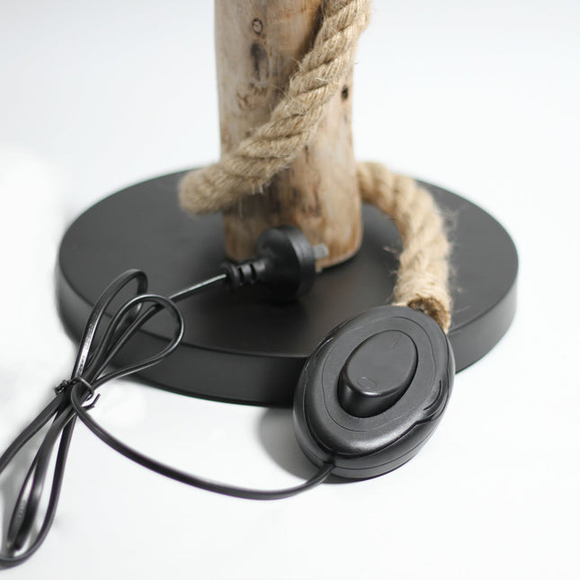 Lea Floor Lamp with Natural Timber and Black Metal Base.