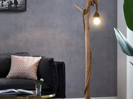 Lea Floor Lamp with Natural Timber and Black Metal Base.
