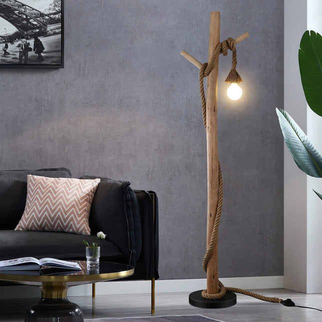 Lea Floor Lamp with Natural Timber and Black Metal Base.