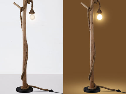 Lea Floor Lamp with Natural Timber and Black Metal Base.