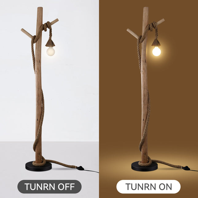 Lea Floor Lamp with Natural Timber and Black Metal Base.