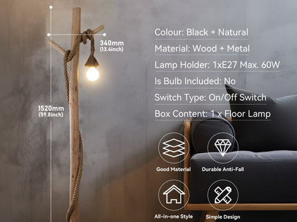 Lea Floor Lamp with Natural Timber and Black Metal Base.