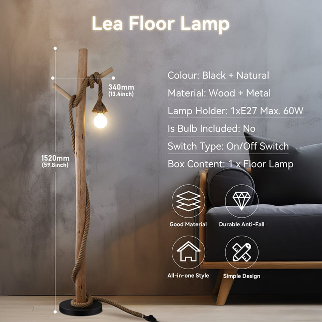 Lea Floor Lamp with Natural Timber and Black Metal Base.