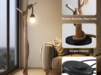 Lea Floor Lamp with Natural Timber and Black Metal Base.