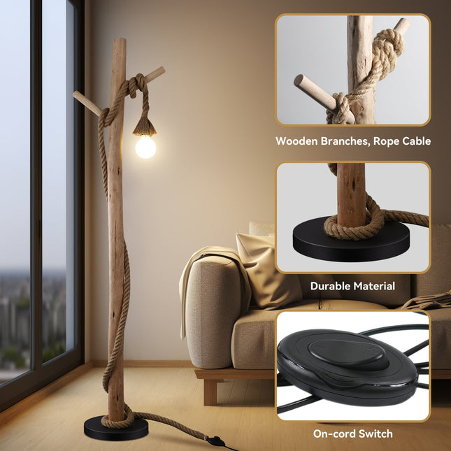 Lea Floor Lamp with Natural Timber and Black Metal Base.