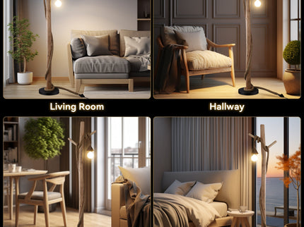 Lea Floor Lamp with Natural Timber and Black Metal Base.
