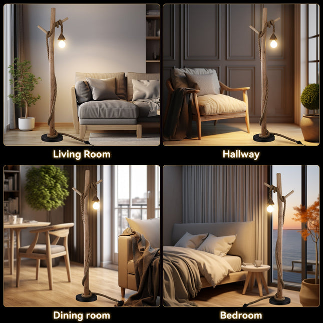 Lea Floor Lamp with Natural Timber and Black Metal Base.