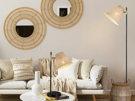 Yvette Rattan Floor Lamp with Woven Shade and Adjustable Height.