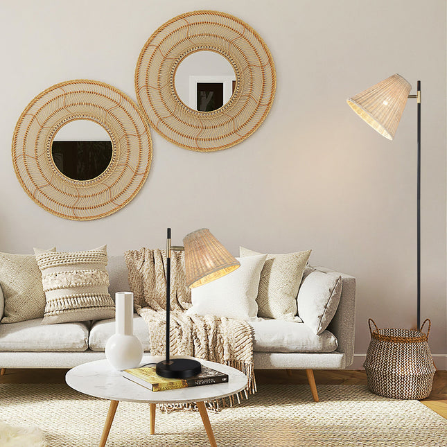 Yvette Rattan Floor Lamp with Woven Shade and Adjustable Height.