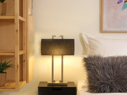April Table Lamp with Black Fabric Shade and Chrome Stand.