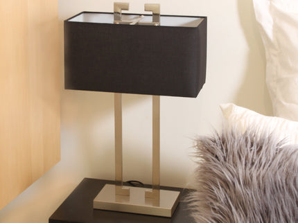 April Table Lamp with Black Fabric Shade and Chrome Stand.