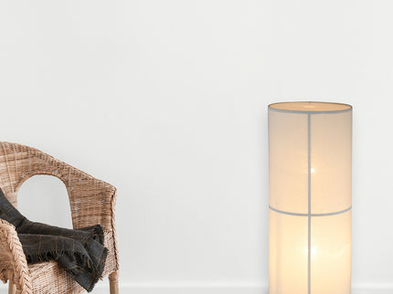 Ailsa Linen Floor Lamp with Double Globe Design for Soft Lighting.