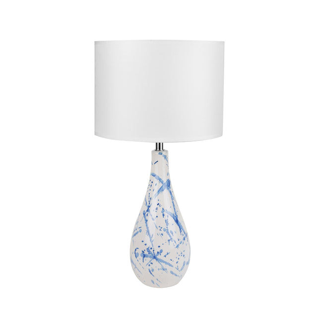 Ashleigh Table Lamp with Blue Ink Splash Ceramic Base and Linen Shade.