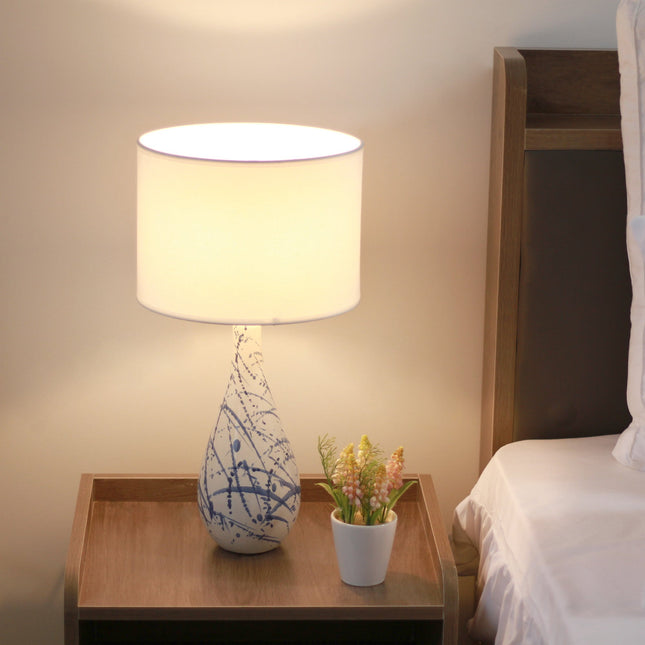 Ashleigh Table Lamp with Blue Ink Splash Ceramic Base and Linen Shade.