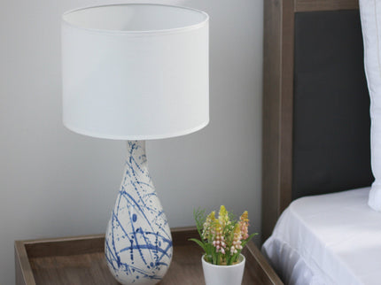 Ashleigh Table Lamp with Blue Ink Splash Ceramic Base and Linen Shade.