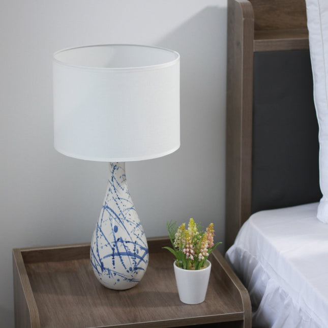Ashleigh Table Lamp with Blue Ink Splash Ceramic Base and Linen Shade.