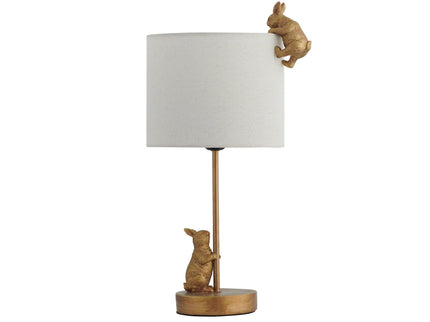 Two Rabbits Playing Table Lamp with Gold Base and White Fabric Shade.