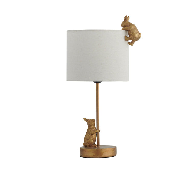 Two Rabbits Playing Table Lamp with Gold Base and White Fabric Shade.