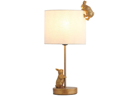 Two Rabbits Playing Table Lamp with Gold Base and White Fabric Shade.