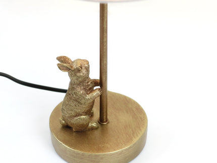 Two Rabbits Playing Table Lamp with Gold Base and White Fabric Shade.