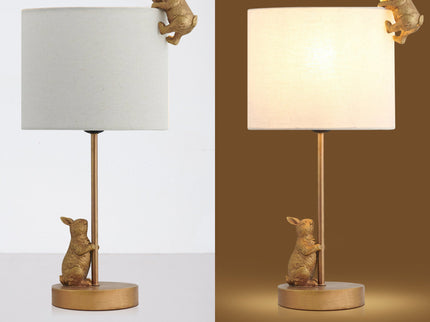 Two Rabbits Playing Table Lamp with Gold Base and White Fabric Shade.