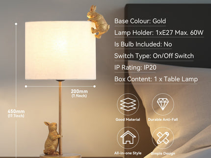 Two Rabbits Playing Table Lamp with Gold Base and White Fabric Shade.