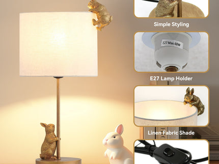 Two Rabbits Playing Table Lamp with Gold Base and White Fabric Shade.