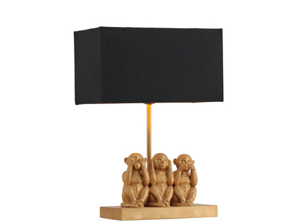 Three Wise Monkeys Table Lamp with Black Shade and Iron Base.