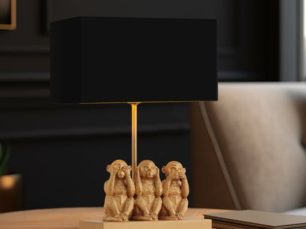 Three Wise Monkeys Table Lamp with Black Shade and Iron Base.
