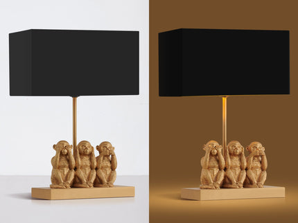 Three Wise Monkeys Table Lamp with Black Shade and Iron Base.