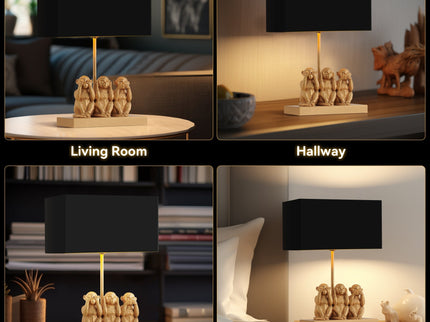 Three Wise Monkeys Table Lamp with Black Shade and Iron Base.