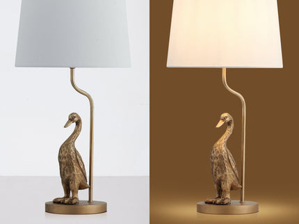 Duck Standing Table Lamp with Cream Linen Shade for Elegant Decor.