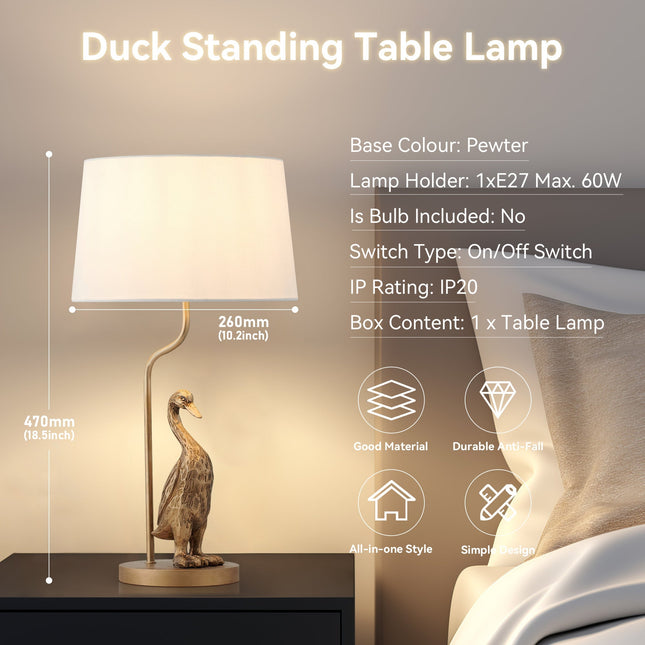 Duck Standing Table Lamp with Cream Linen Shade for Elegant Decor.