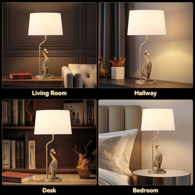 Duck Standing Table Lamp with Cream Linen Shade for Elegant Decor.
