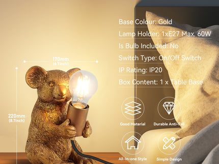 Koala Sitting Desk Lamp with Gold Finish for Unique Home Decor.
