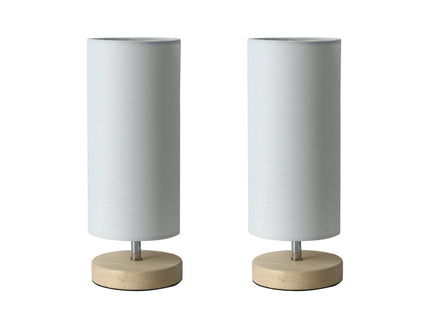 Set of 2 Mano Cylinder Table Lamps Modern White Fabric Shades Wooden Bases.