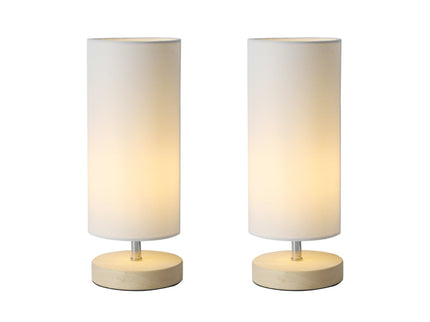 Set of 2 Mano Cylinder Table Lamps Modern White Fabric Shades Wooden Bases.