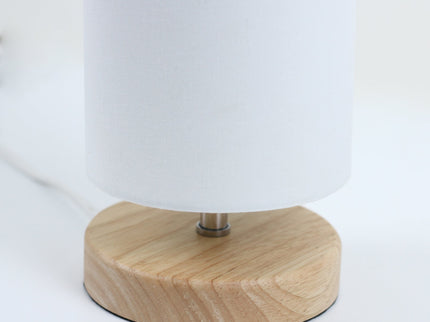 Set of 2 Mano Cylinder Table Lamps Modern White Fabric Shades Wooden Bases.