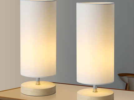 Set of 2 Mano Cylinder Table Lamps Modern White Fabric Shades Wooden Bases.