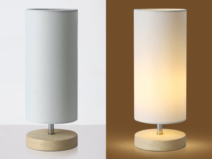 Set of 2 Mano Cylinder Table Lamps Modern White Fabric Shades Wooden Bases.