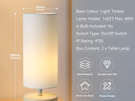 Set of 2 Mano Cylinder Table Lamps Modern White Fabric Shades Wooden Bases.