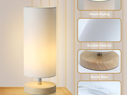 Set of 2 Mano Cylinder Table Lamps Modern White Fabric Shades Wooden Bases.