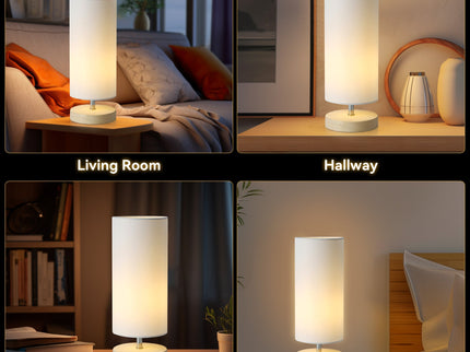 Set of 2 Mano Cylinder Table Lamps Modern White Fabric Shades Wooden Bases.