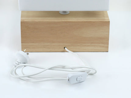 Mano Rectangle Table Lamp with Wooden Base and Fabric Shade.