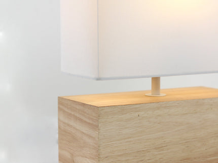 Mano Rectangle Table Lamp with Wooden Base and Fabric Shade.