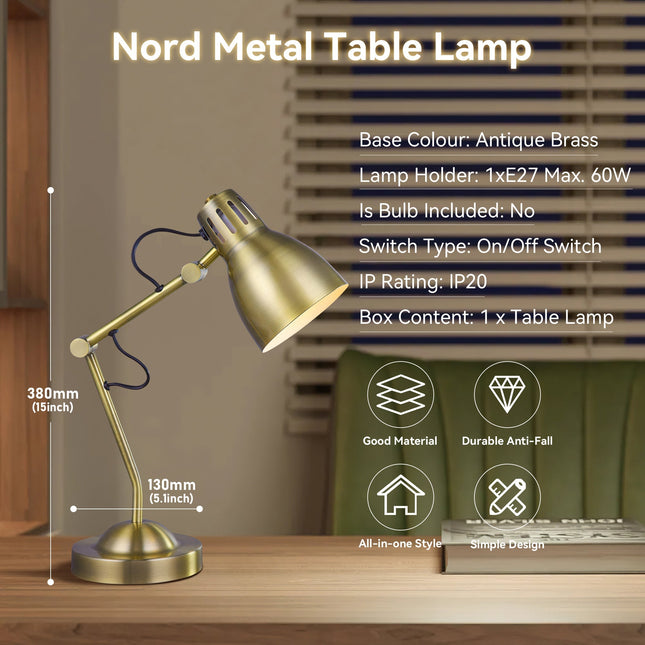 Nord Metal Table Lamp White Satin Chrome Antique Brass Modern Lighting