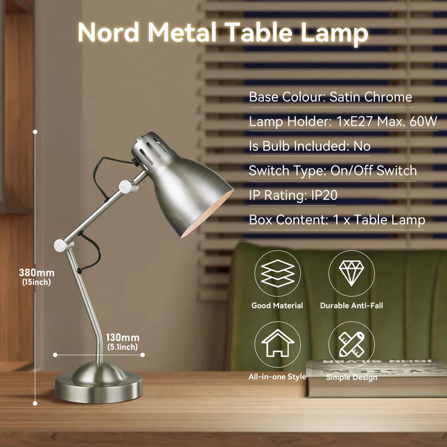 Nord Metal Table Lamp White Satin Chrome Antique Brass Modern Lighting.