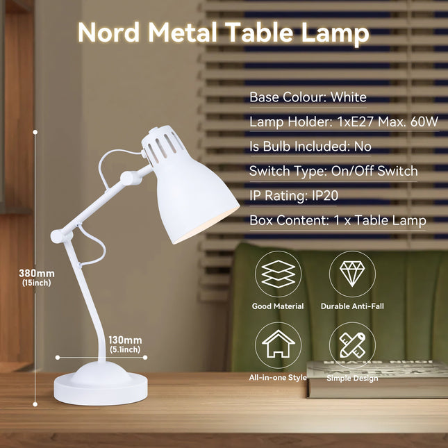 Nord Metal Table Lamp White Satin Chrome Antique Brass Modern Lighting.